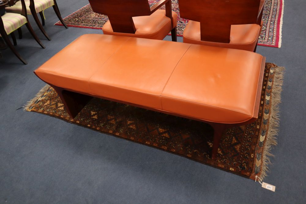 A Contemporary American Bernhardt Furniture Co. hand-made set, pair of armchairs and a bench in mid 20th century style, (about 10 years